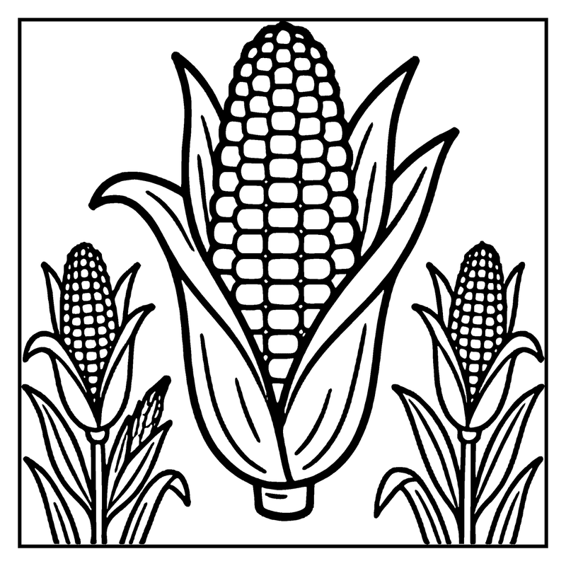 A line art black and white illustration of three ears of corn growing in a field, a thanksgiving coloring page