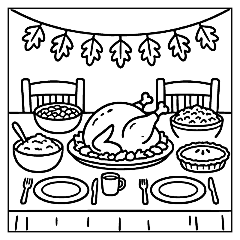 The main subject is a Thanksgiving table setting, featuring a roasted turkey, mashed potatoes, gravy, pie, and side dishes, all set against a festive backdrop