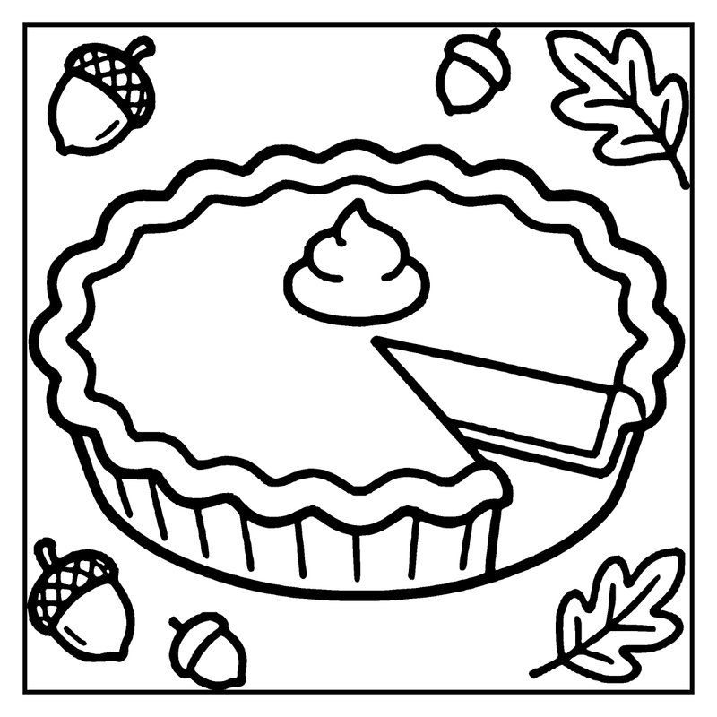 A pie with a slice missing, surrounded by acorns and leaves, ready for coloring, a thanksgiving coloring page