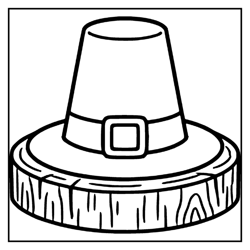 A pilgrim hat sits atop a wooden stump, ready for coloring, a thanksgiving coloring page