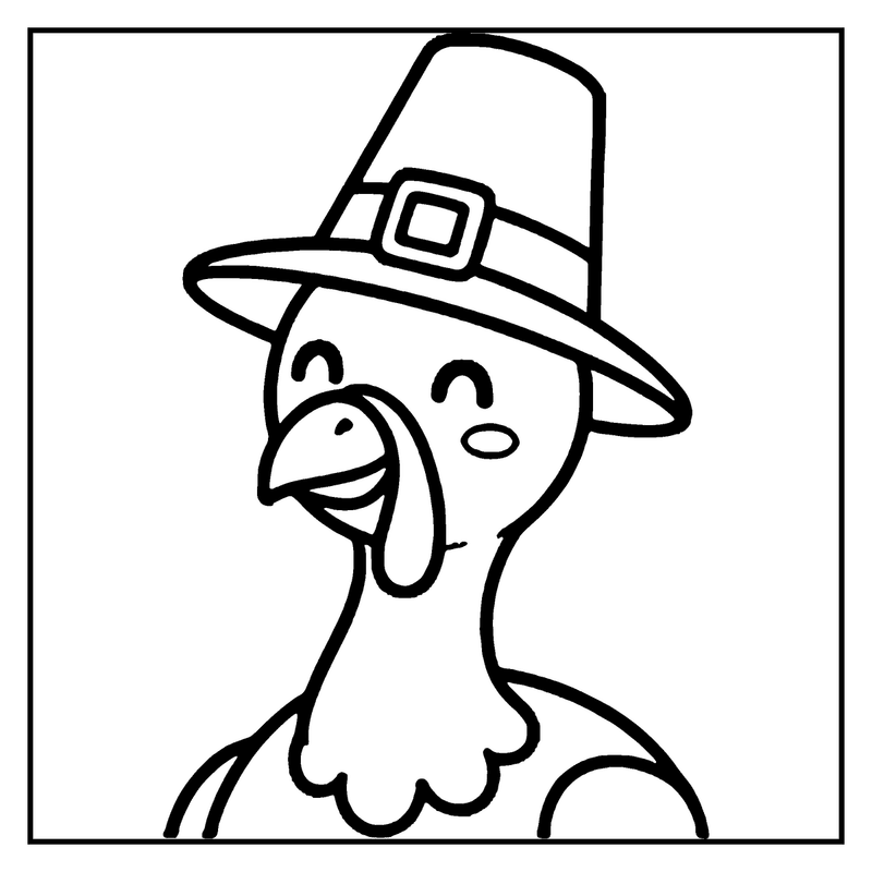 A turkey wearing a pilgrim hat, smiling happily, with a simple, cheerful expression, a thanksgiving coloring page