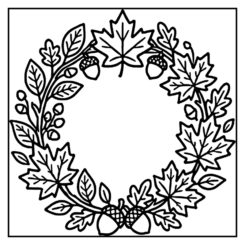 A wreath made of autumn leaves and acorns, with a white background, a thanksgiving coloring page