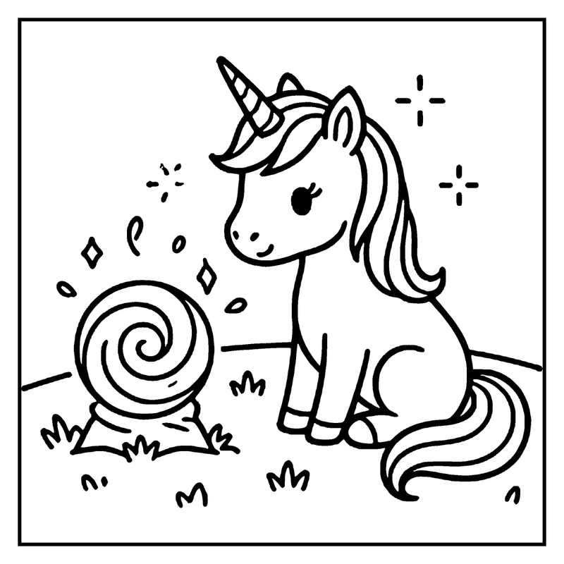 A cute unicorn blows a bubble, surrounded by sparkles and a spiral shell
