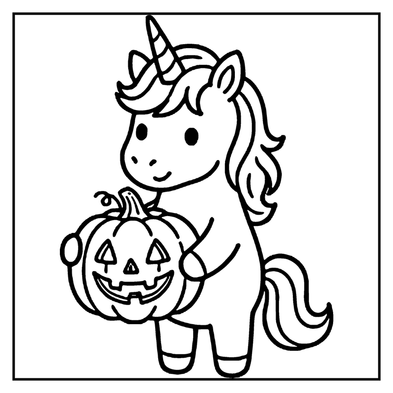 A cute unicorn holds a carved pumpkin, ready for Halloween