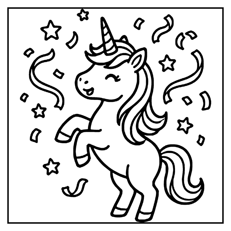 A cute unicorn is dancing with stars and ribbons around it