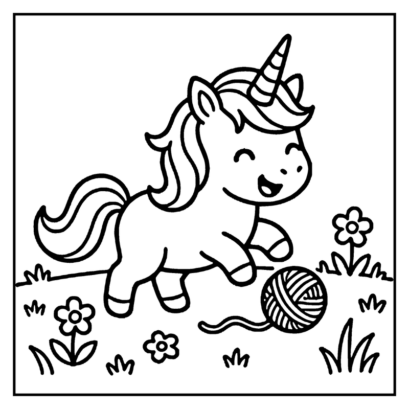 A cute unicorn is happily playing with a ball of yarn in a garden with flowers and grass
