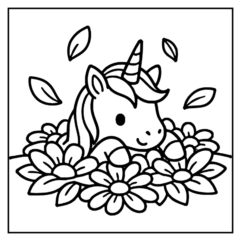 A cute unicorn is sitting among flowers, surrounded by leaves, in a simple black and white drawing