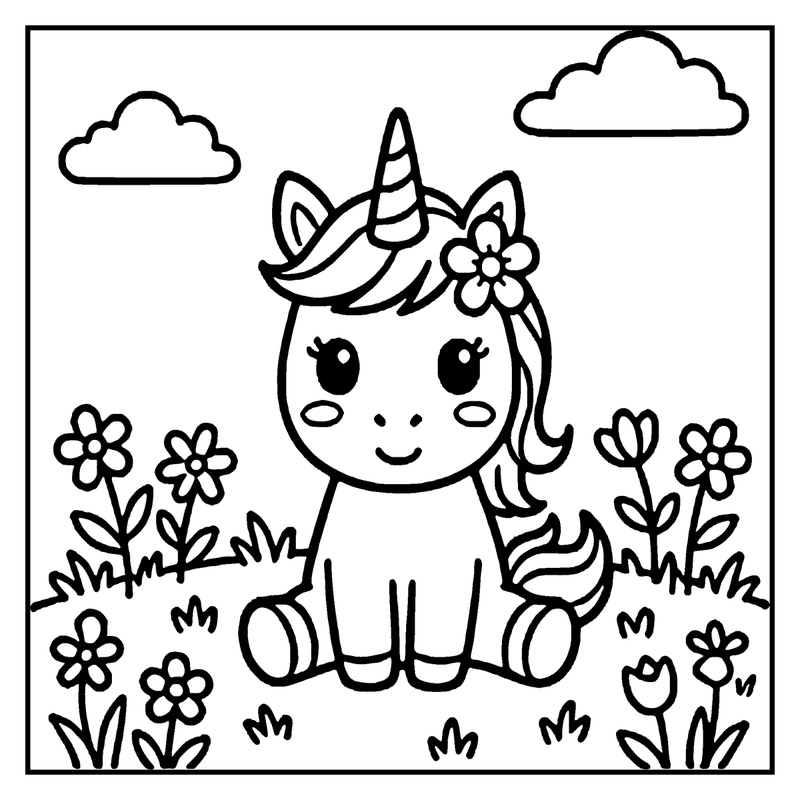 A cute unicorn sits in a field of flowers, wearing a flower crown and smiling