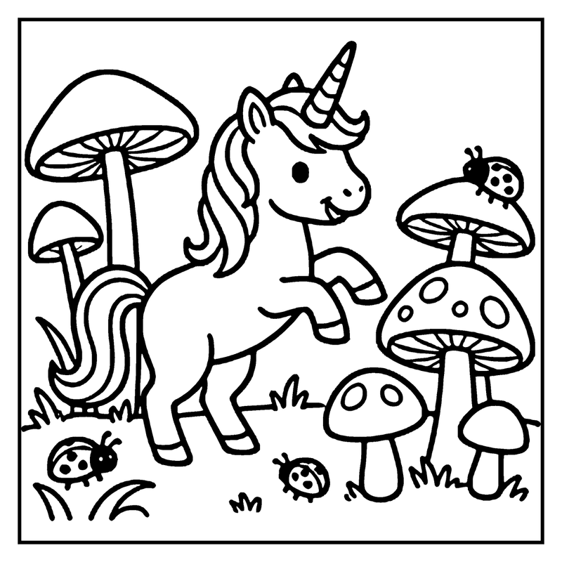 A cute unicorn stands among mushrooms and ladybugs in a whimsical forest setting