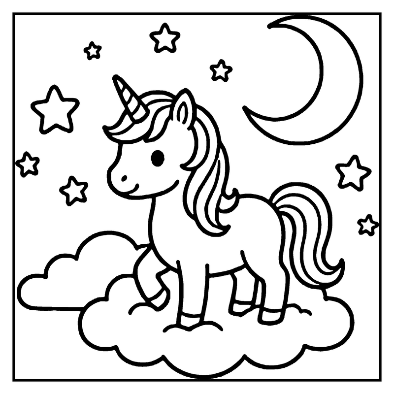 A cute unicorn stands on a cloud, surrounded by stars and a crescent moon