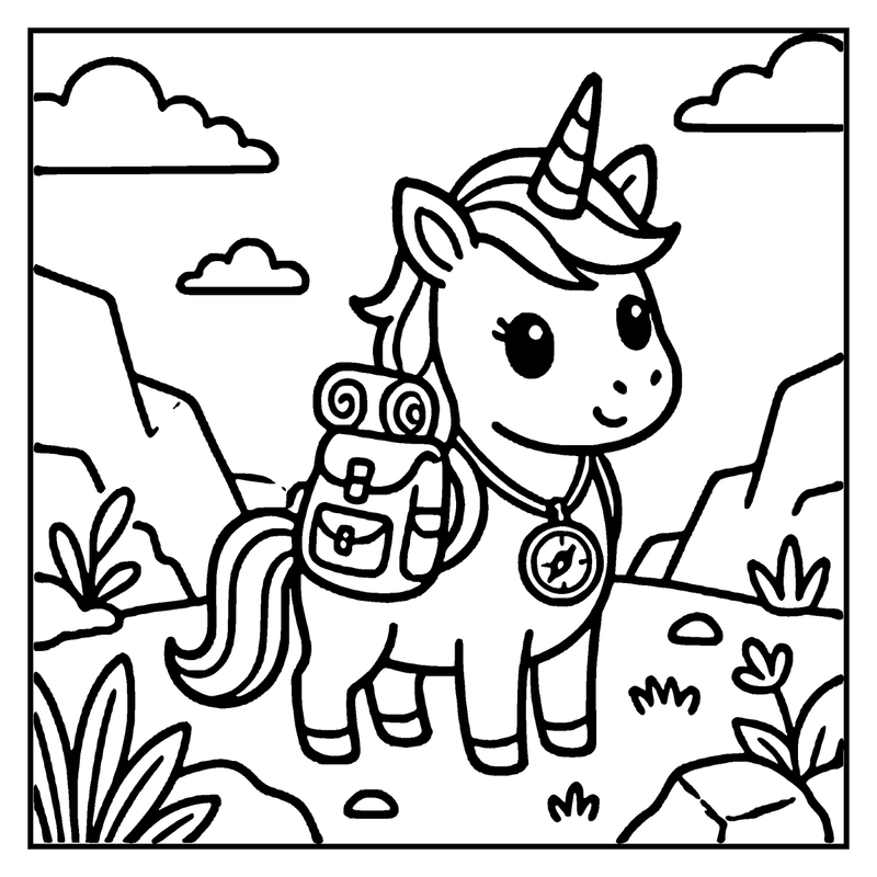 A cute unicorn with a backpack and compass is hiking in a grassy field with clouds in the sky