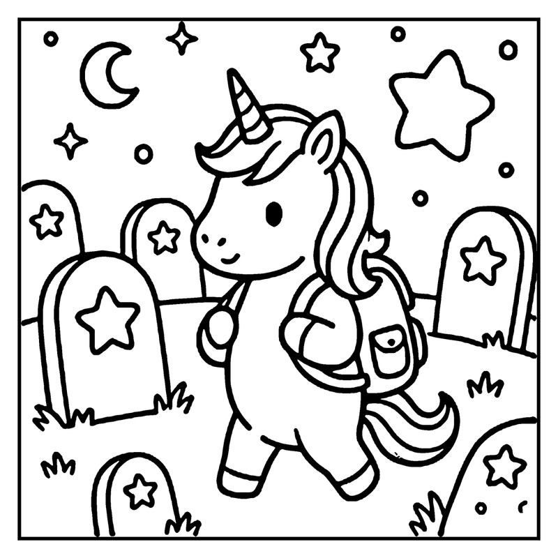 A cute unicorn with a backpack is walking through a graveyard with tombstones and stars