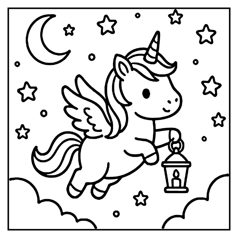 A cute unicorn with wings and a horn is flying in the night sky, holding a lantern, surrounded by stars and a crescent moon