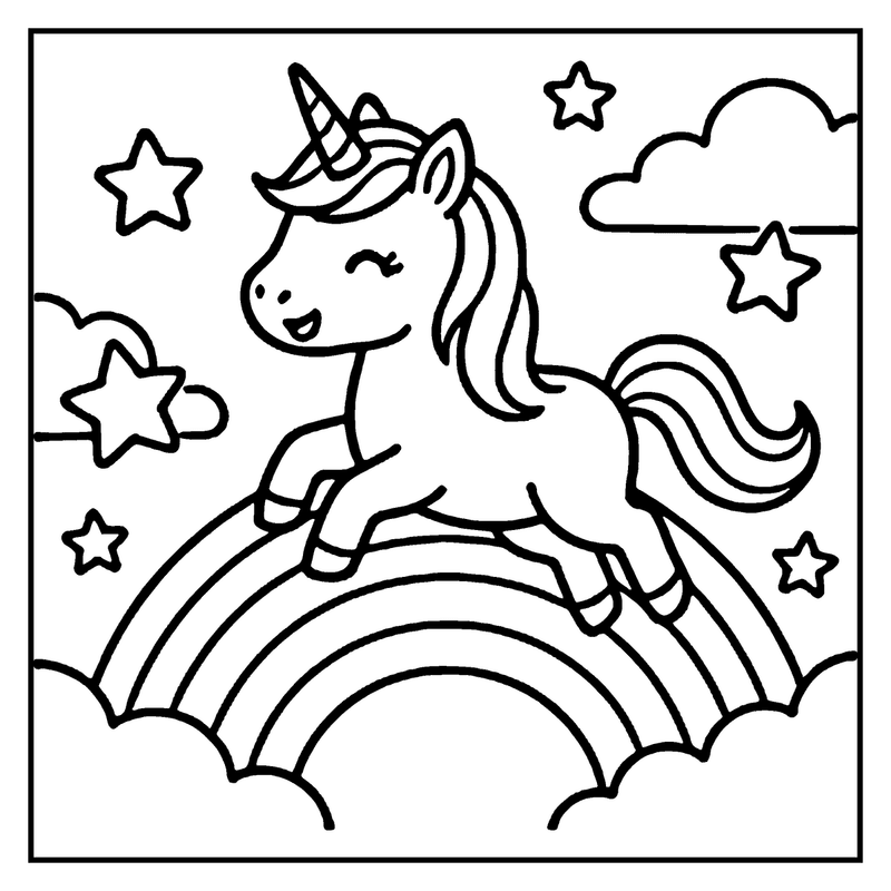 A happy unicorn jumps on a rainbow, surrounded by stars and clouds