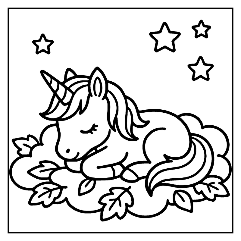 A sleeping unicorn lies on leaves, surrounded by stars in the sky