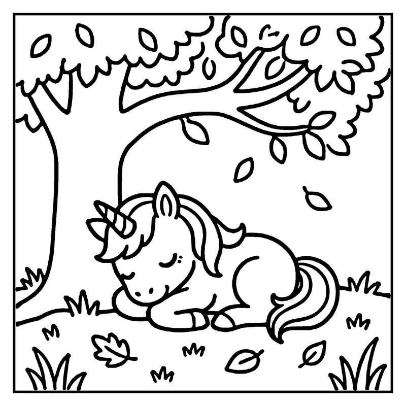 A sleeping unicorn under a tree, surrounded by leaves and grass