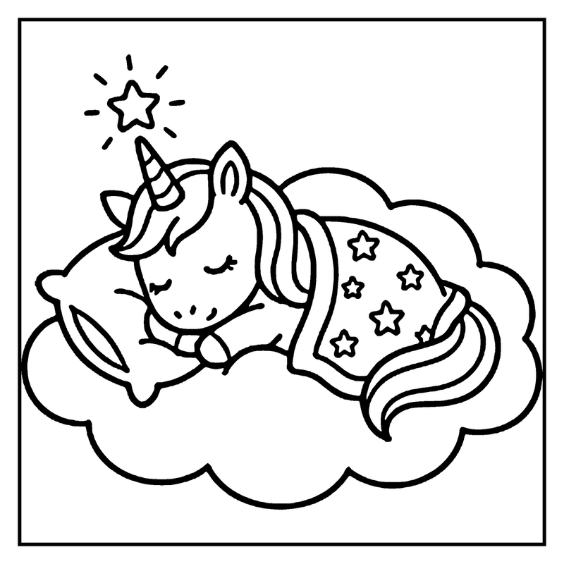 A sleeping unicorn with stars on its blanket rests on a cloud