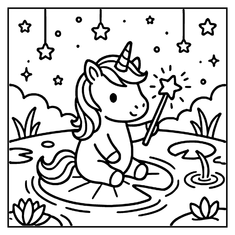 A unicorn floats in water, holding a wand, surrounded by stars and floating leaves
