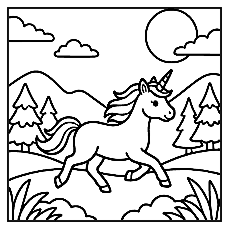 A unicorn galloping through a forest with mountains and a full moon in the sky