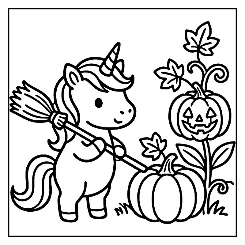 A unicorn holding a broom, standing next to pumpkins and a jack-o'-lantern, in a Halloween setting