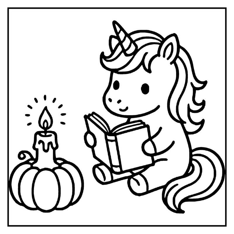 A unicorn is reading a book next to a lit candle inside a pumpkin