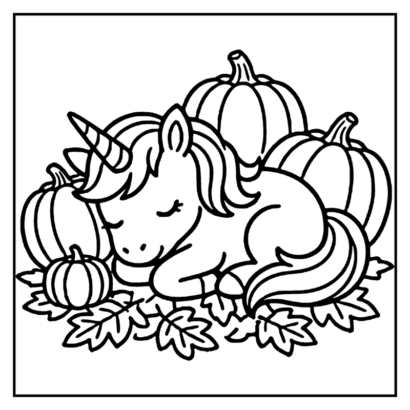 A unicorn is sleeping among pumpkins and leaves, enjoying the autumn season
