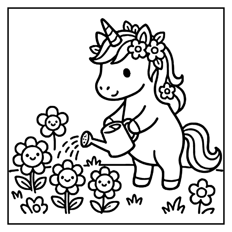 A unicorn is watering flowers in a garden, surrounded by smiling flowers