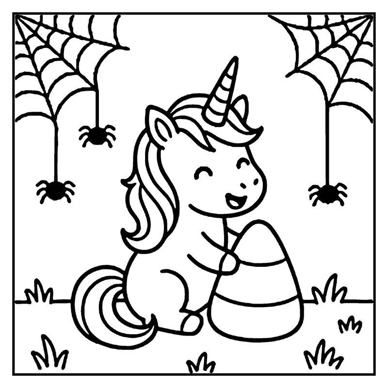 A unicorn sits happily, surrounded by cobwebs and spiders, in a Halloween-themed setting