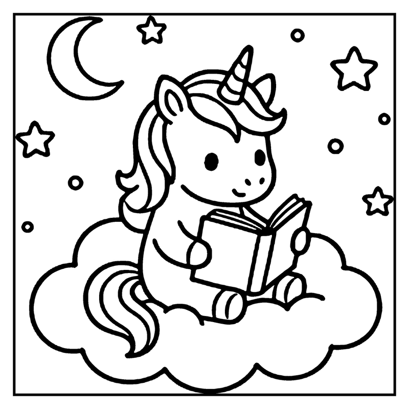 A unicorn sits on a cloud, reading a book, with stars and a crescent moon in the background