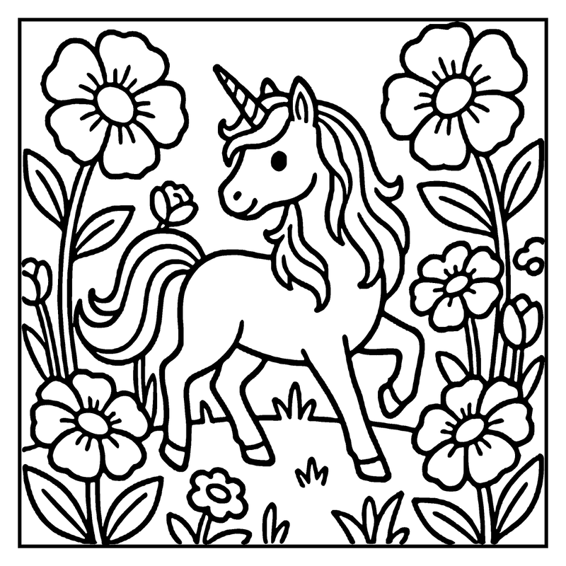A unicorn stands in a garden, surrounded by flowers and leaves, ready to be colored