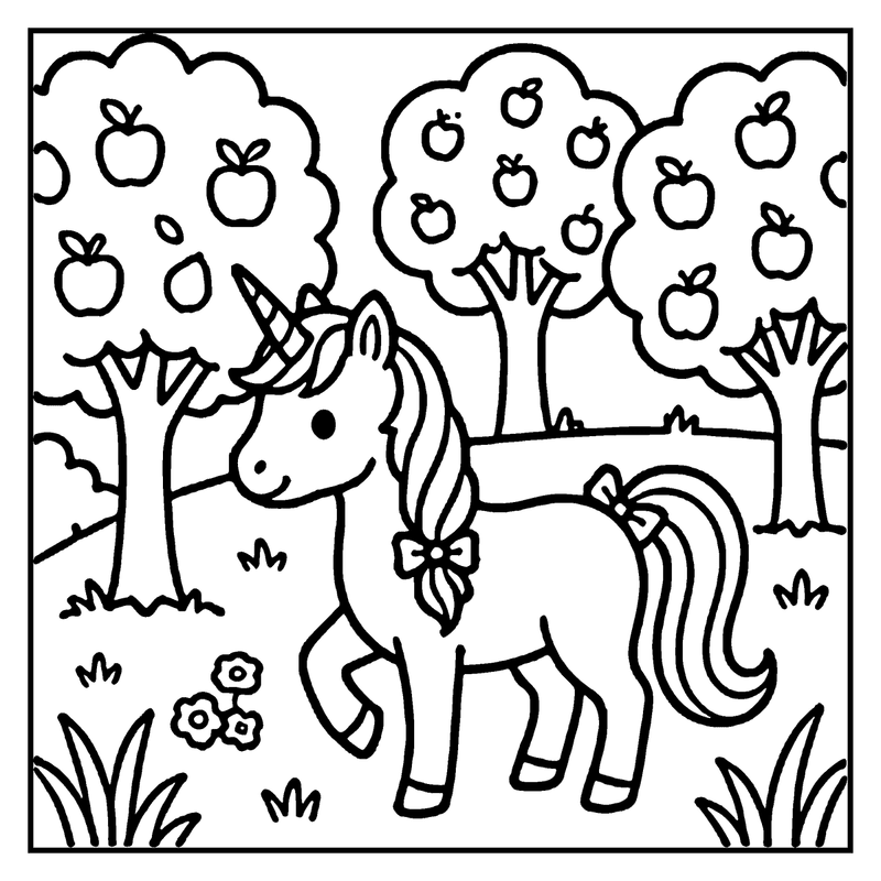 A unicorn stands in a garden with apple trees and flowers