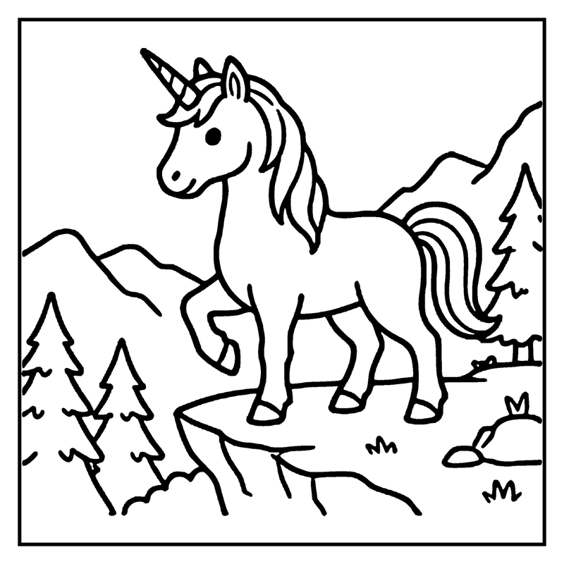 A unicorn stands on a rock in a forest with mountains in the background