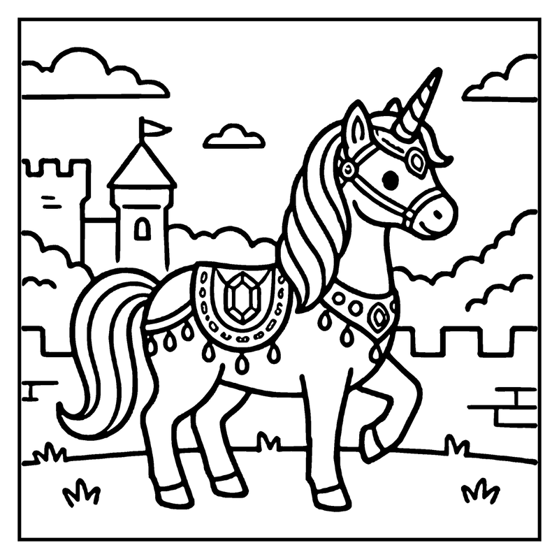 A unicorn stands proudly in a grassy field, adorned with a decorative bridle, near a castle with a flag