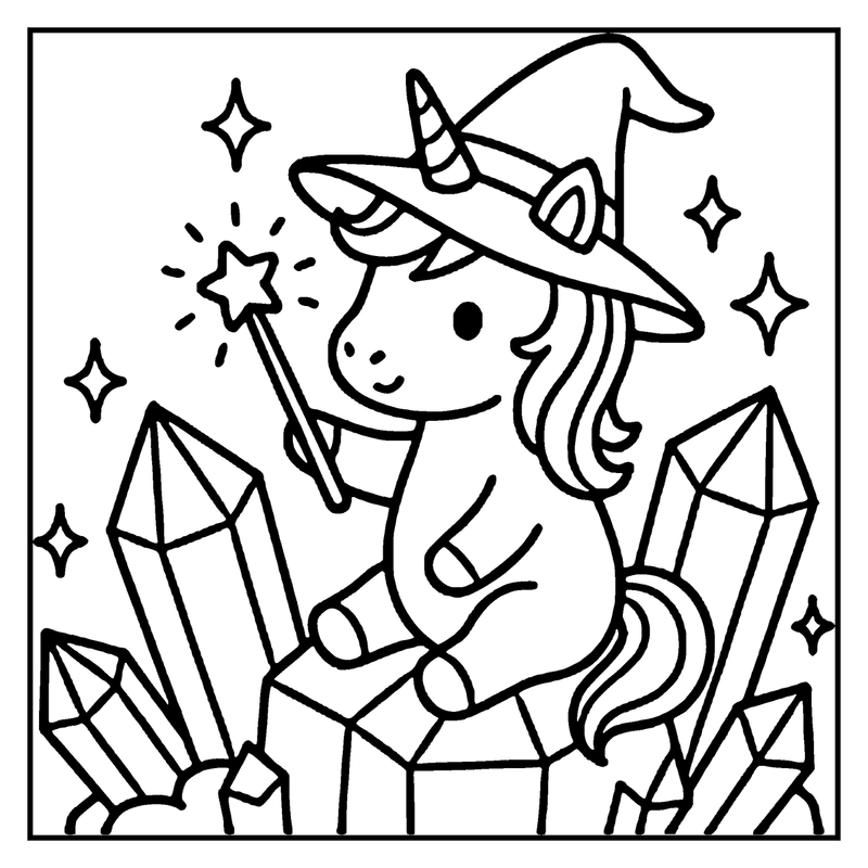 A unicorn wearing a witch hat is holding a magic wand, surrounded by sparkling crystals and stars