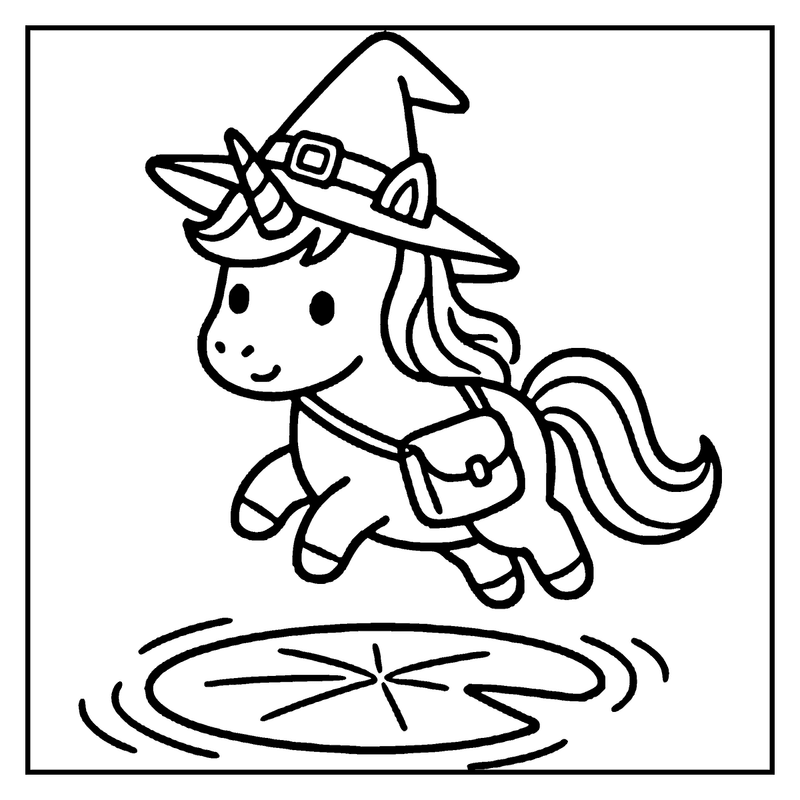 A unicorn wearing a witch hat is running through a puddle