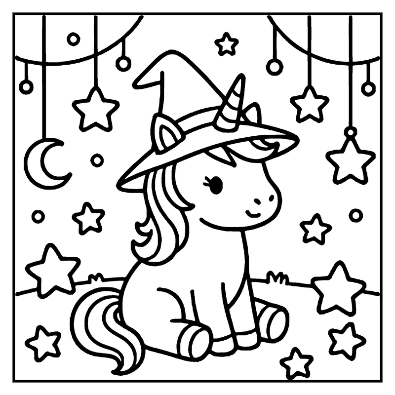A unicorn wearing a witch hat sits among stars and a crescent moon