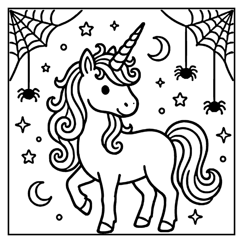 A unicorn with a rainbow-colored horn stands between two cobwebs, surrounded by stars and spiders