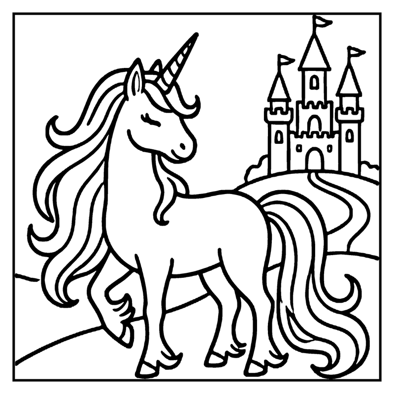 Unicorn with long mane and tail stands in front of a castle with flags