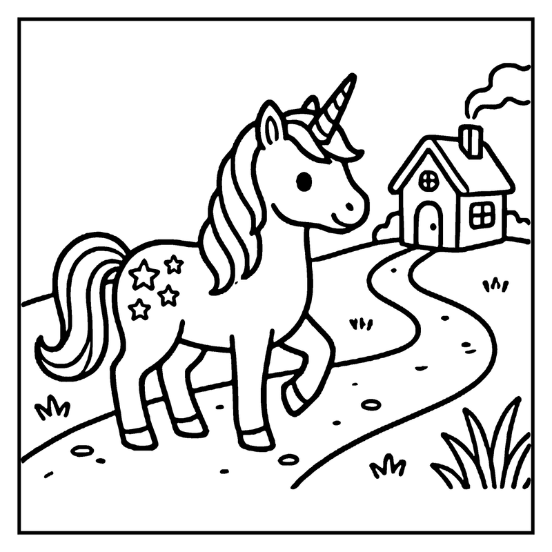 A unicorn with stars on its back is walking along a path towards a small house
