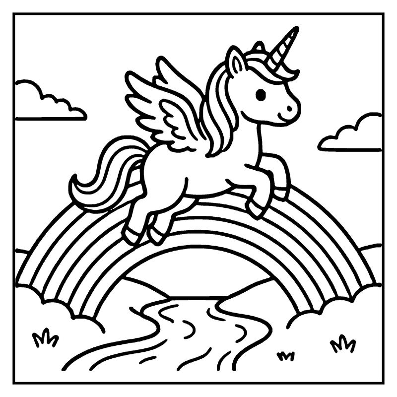 A unicorn with wings is jumping over a rainbow bridge in the sky