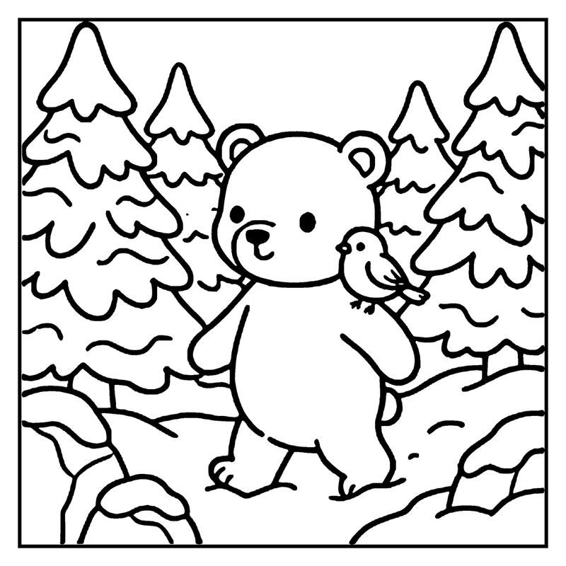 A bear stands in a snowy forest, holding a bird on its arm, a winter coloring page