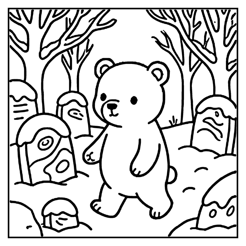 A bear stands in a snowy forest, surrounded by trees and snow-covered logs, a winter coloring page