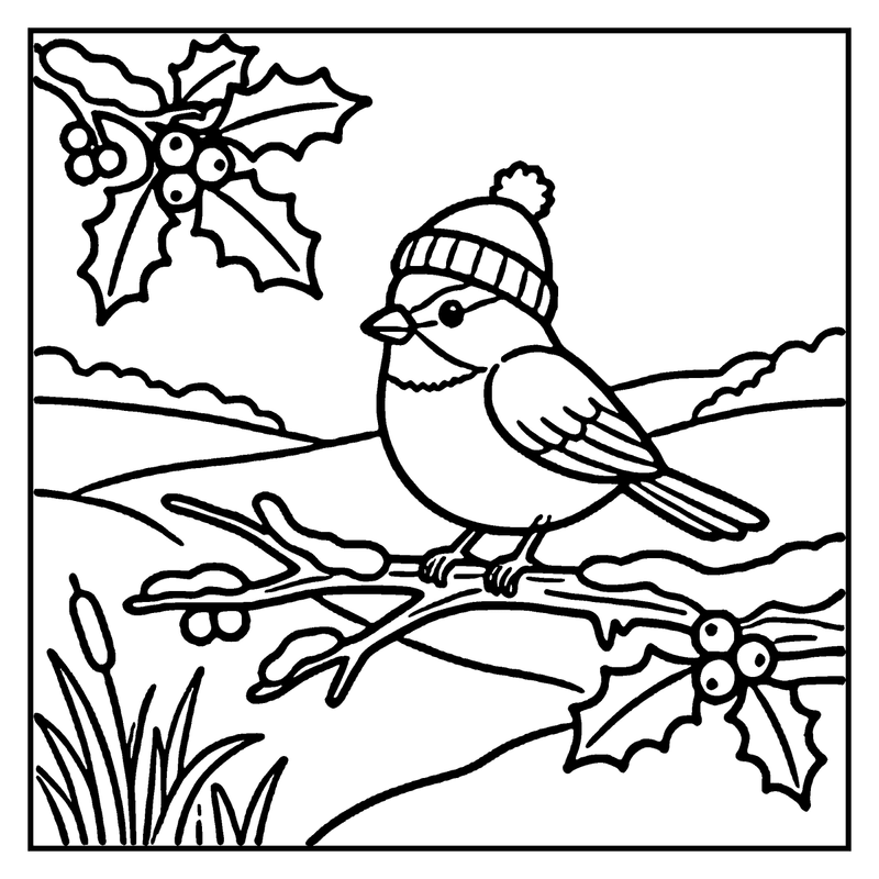 A bird wearing a hat sits on a branch with holly leaves and berries, a winter coloring page