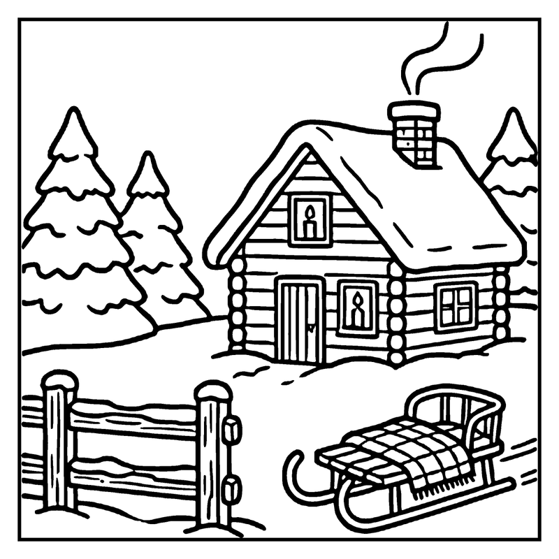A cozy cabin in the snowy woods, with a sled nearby, and trees in the background, a winter coloring page