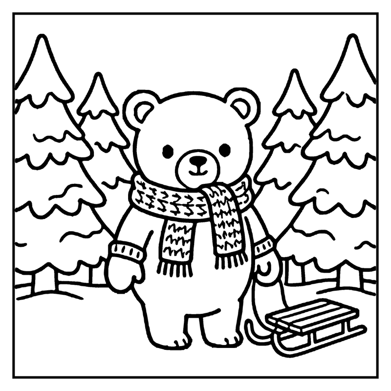 A cute bear in a winter scene, wearing a scarf and gloves, standing next to a sled, with snow-covered trees in the background, a winter coloring page