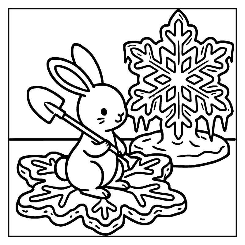 A cute bunny is digging in the snow, surrounded by large snowflakes, a winter coloring page