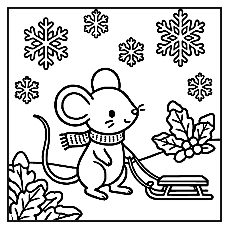 A cute mouse wearing a scarf and holding a sled, surrounded by snowflakes and holly leaves, a winter coloring page