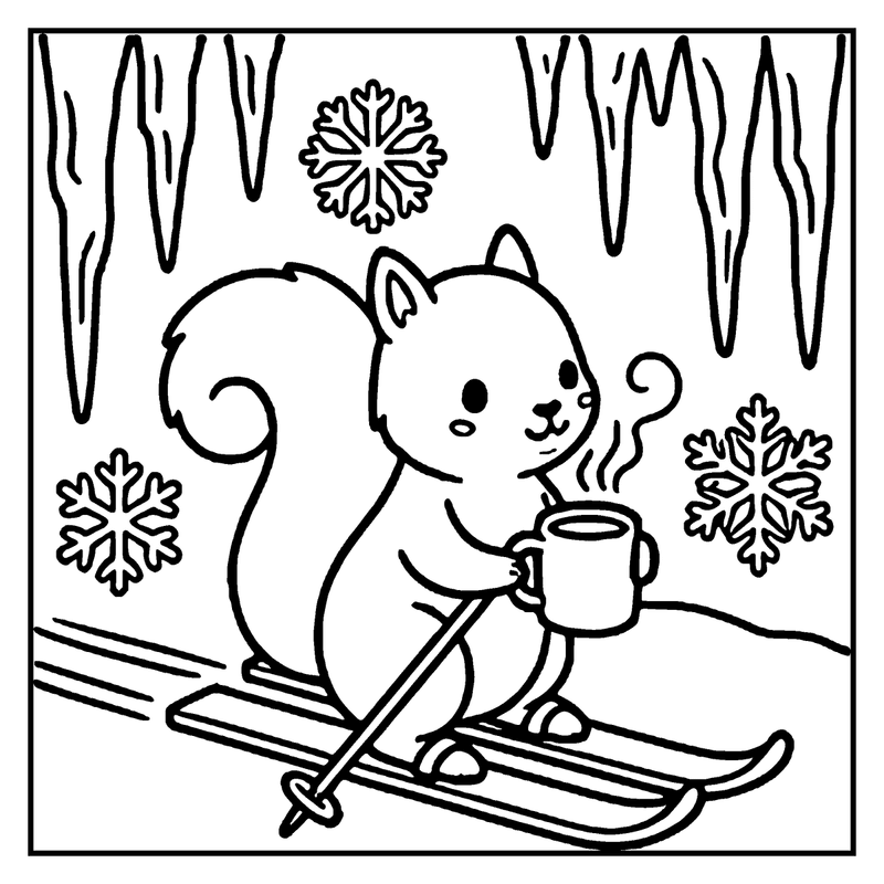 A cute squirrel skiing in the snowy forest, sipping hot chocolate, a winter coloring page