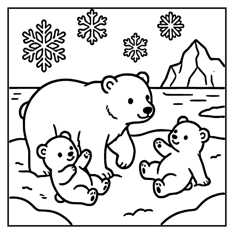 A mother polar bear and her two cubs are playing in the snow, with snowflakes falling and a snowy mountain in the background, a winter coloring page