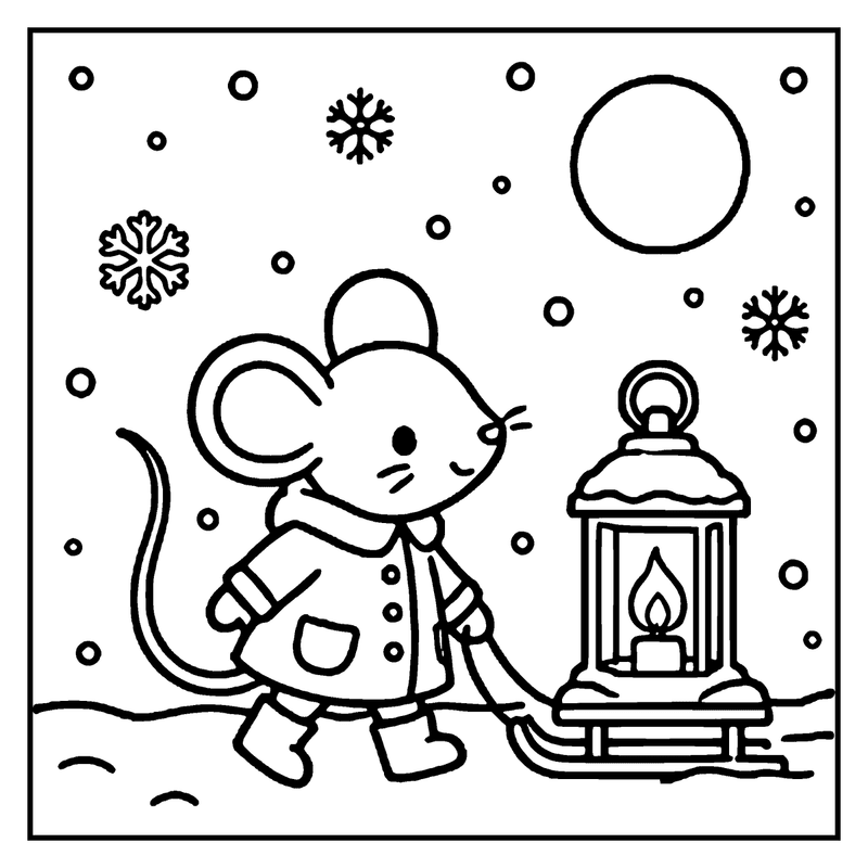 A mouse in a coat and boots is holding a lantern in a snowy night, a winter coloring page